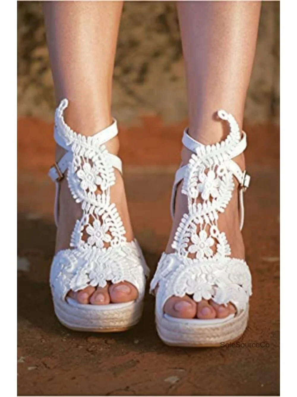 Lace PU Leather Wedge Sandals Open Toe Ankle Strap 4.3